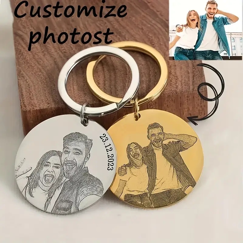 Initial Ring Custom - Gepersonaliseerde gegraveerde portret sleutelhanger, foto sleutelhanger